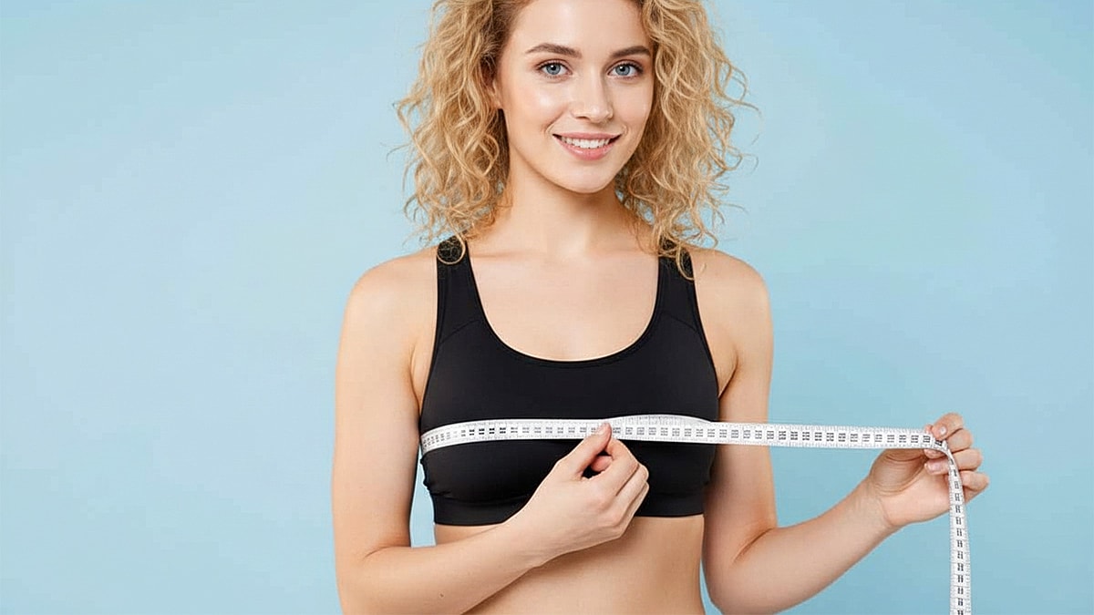Woman measuring her chest with a tape measure.