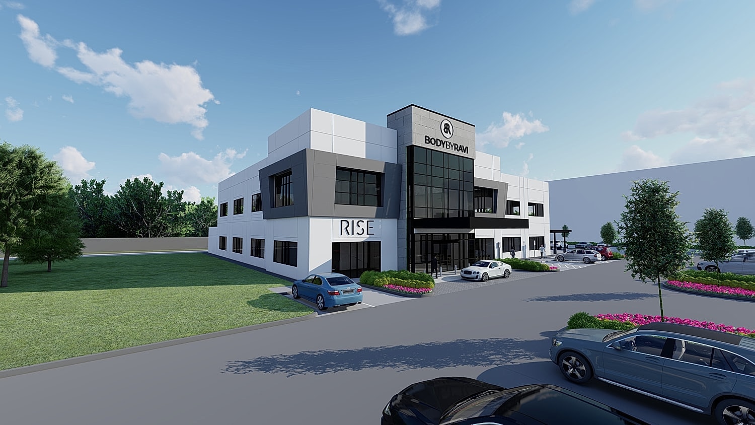 Modern building exterior with parking and landscaping.