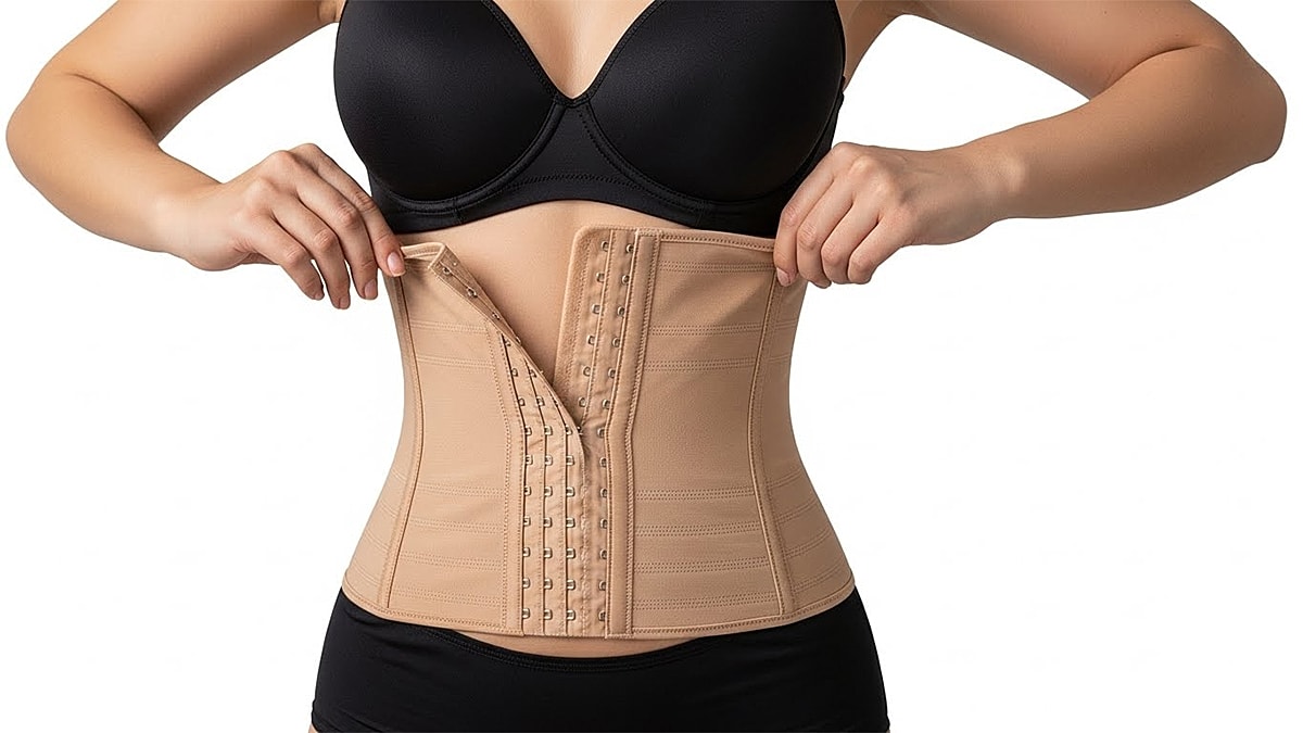 Woman wearing a beige corset waist trainer.
