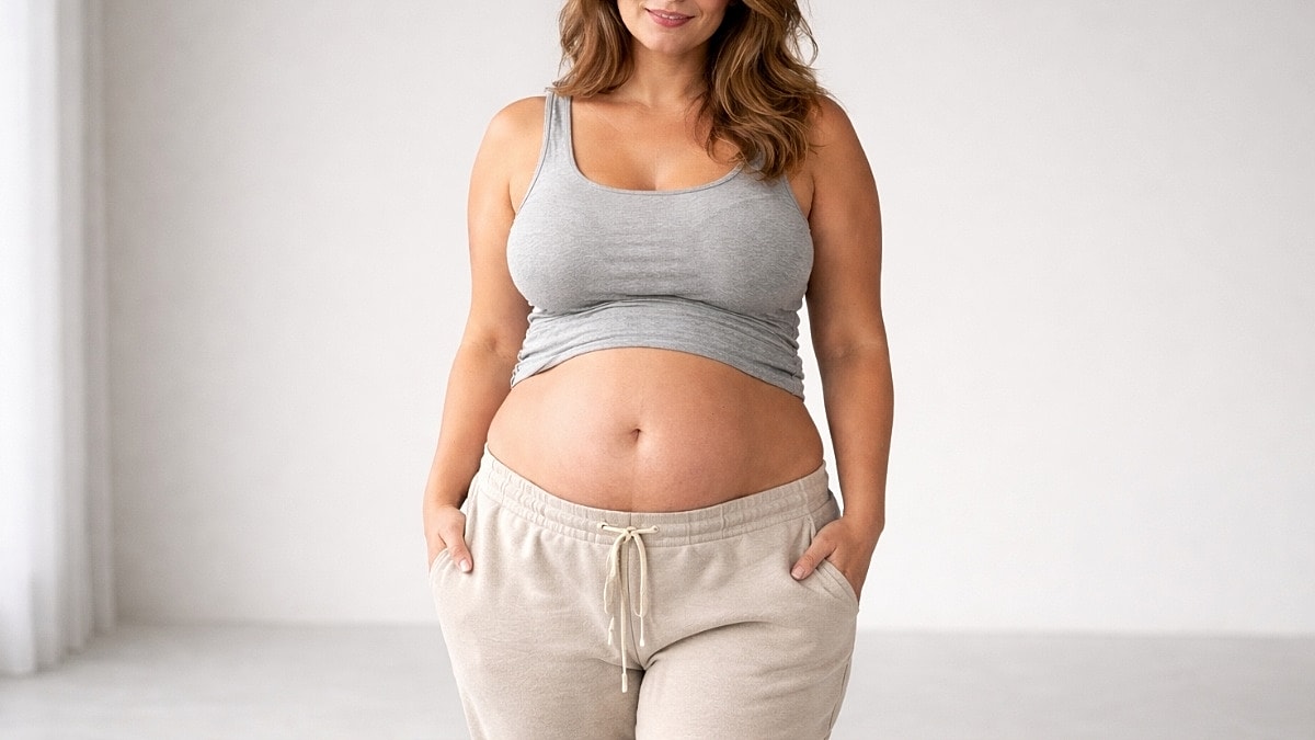 Pregnant woman in comfortable clothing, smiling.