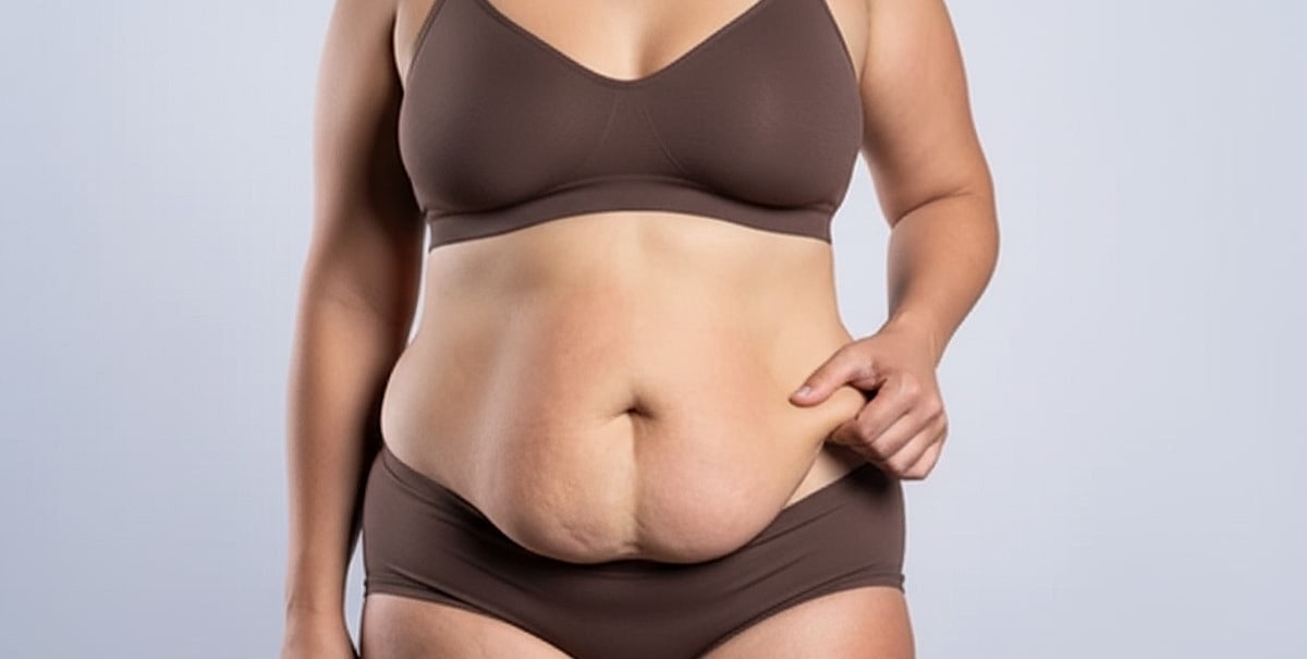 Panniculectomy or Tummy Tuck Surgery - What Do I Need Featured Image - Fat Woman in brown two-piece suit pinching her belly