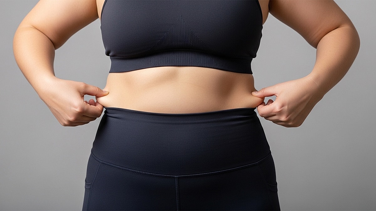 What Happens When You Gain Weight After Liposuction Featured - Woman adjusting high-waisted workout leggings.