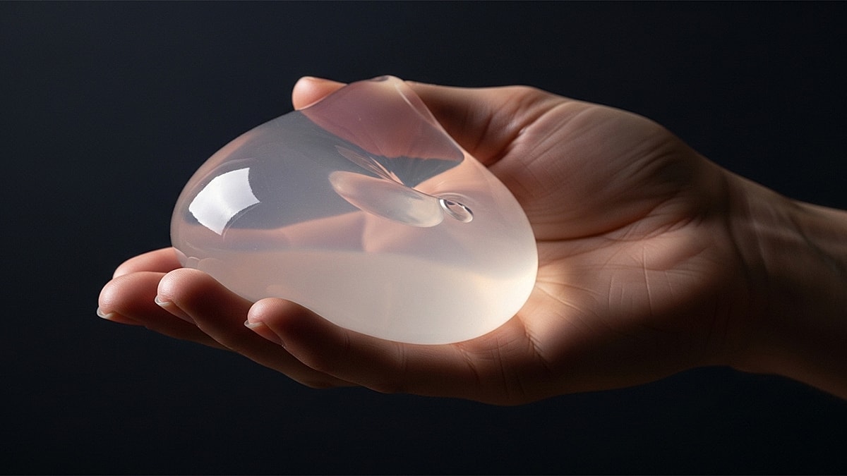 Silicone gel form held in a hand.