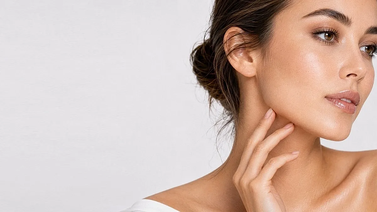 Woman with natural makeup touching her face.