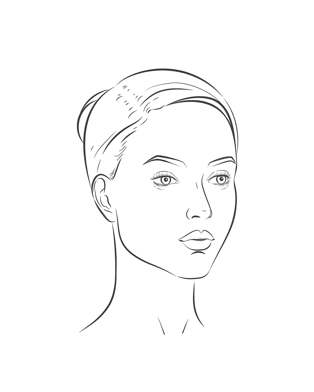 Line art of a woman's face and neck.