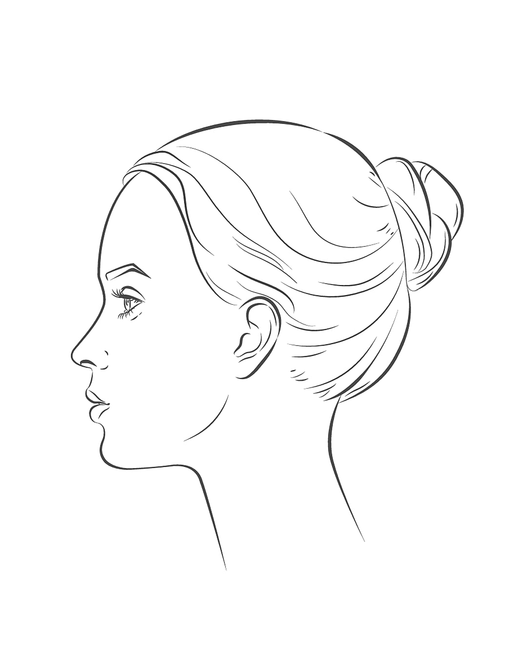 Profile drawing of a woman with a bun.