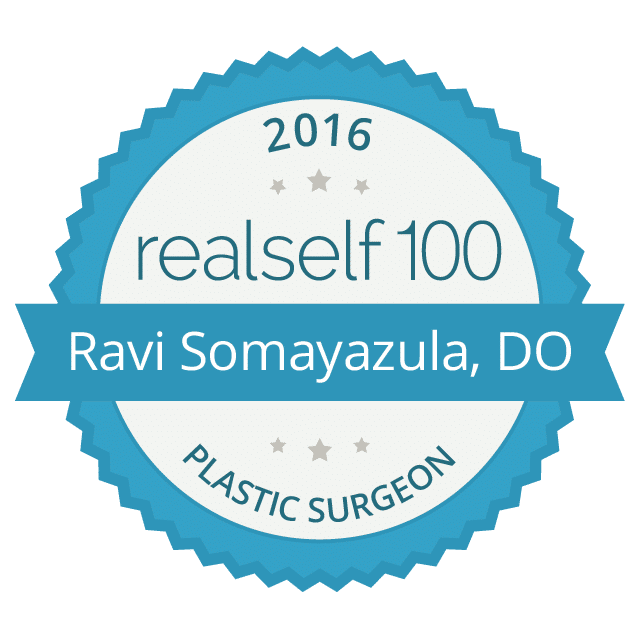 RealSelf 100 award badge for plastic surgeon.