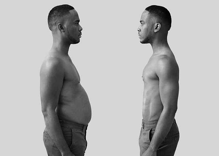 Before and after body transformation comparison photo.