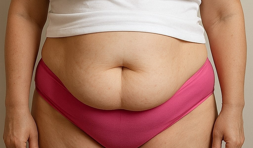 Woman in white shirt and pink underwear.